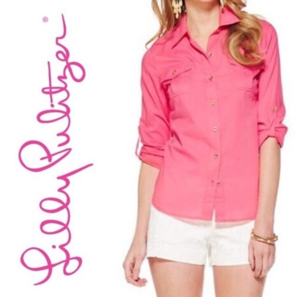 Lilly Pulitzer 2 cruiser hot pink cotton button up shirt 0712